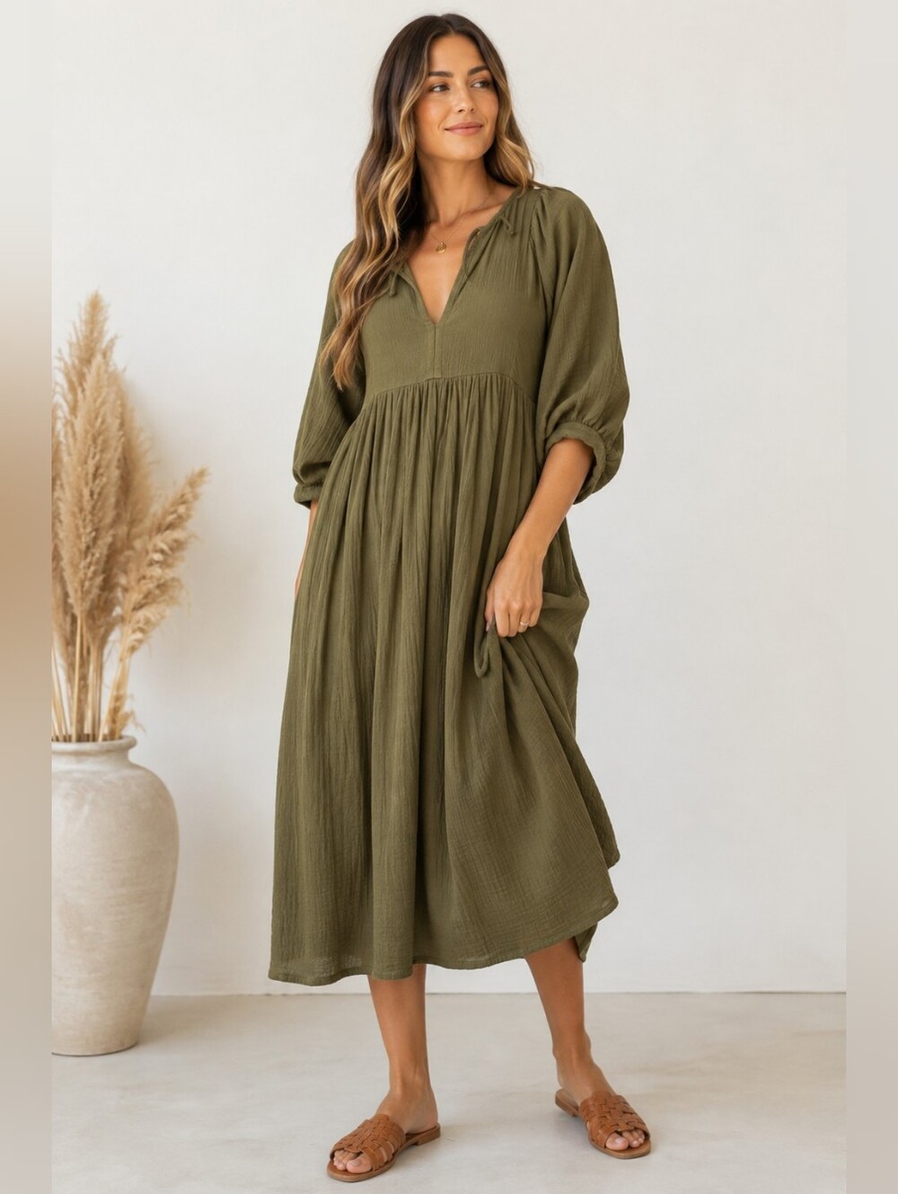 CITRUS Olive Green Cotton Gauze Boho Midi Dress Size Small